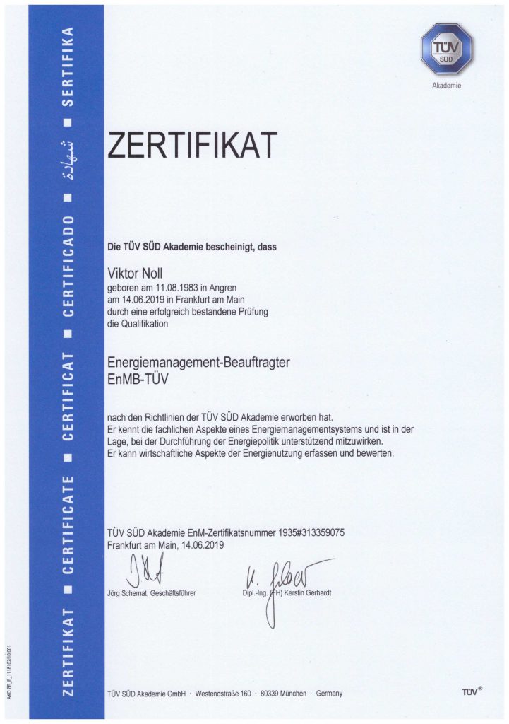 Energiemanagement-Beauftragter EnMB-TÜV / Zertifikat