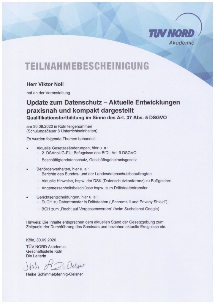 Update zum Datenschutz 

Qualifikationsfortbildung im Sinne des Art. 37 Abs.5 DSGVO